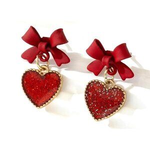 Red Bow & Glitter‎ Heart Dangle Earrings